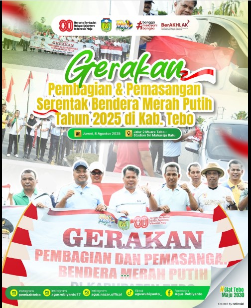 PEMBAGIAN DAN PEMASANGAN SERENTAK BENDERA MERAH PUTIH DALAM RANGKA HUT KE-80 REPUBLIK INDONESIA DI KABUPATEN TEBO